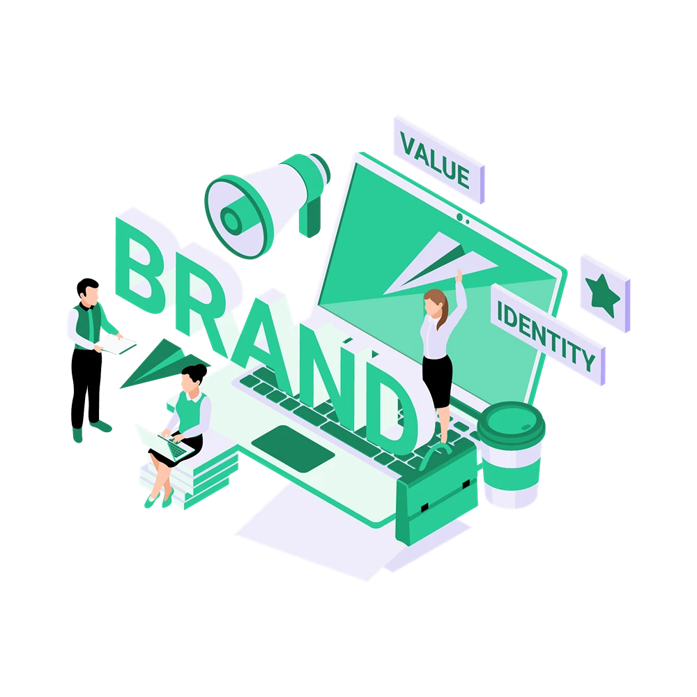 Илюстрация за брандинг – хора около лаптоп с надпис “BRAND”, мегафон и елементи “Value” и “Identity” в зелено-бяла цветова схема.