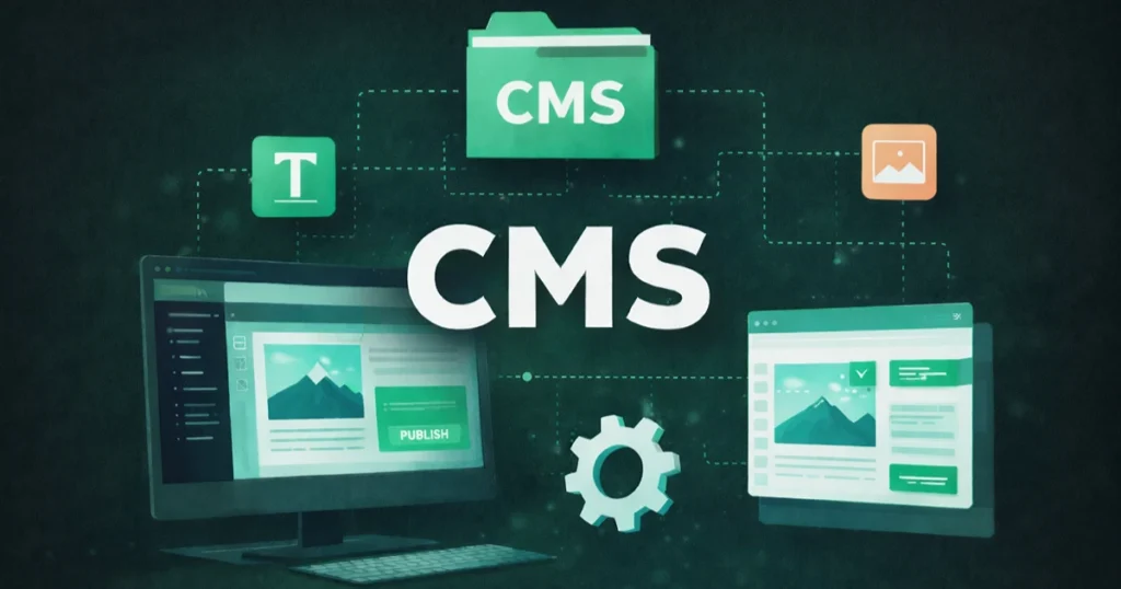 Илюстрация, представяща CMS система – централен надпис „CMS“, свързан с интерфейси за управление на текст и изображения, показани на екран, в тъмна зелено-сива цветова гама.