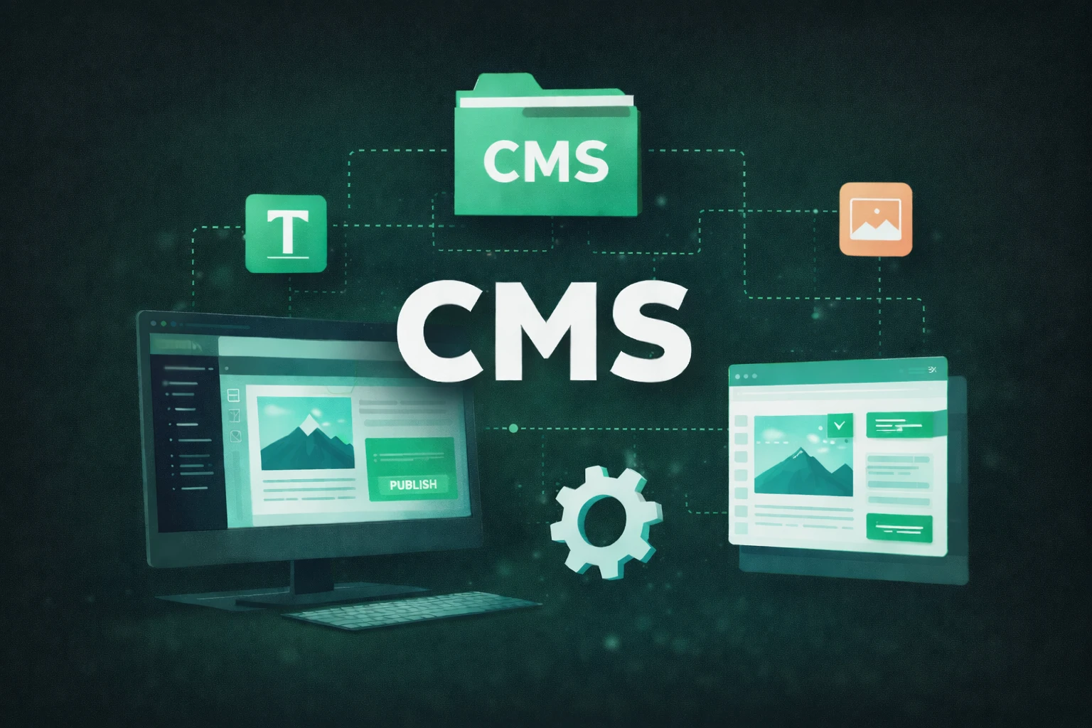Илюстрация, представяща CMS система – централен надпис „CMS“, свързан с интерфейси за управление на текст и изображения, показани на екран, в тъмна зелено-сива цветова гама.