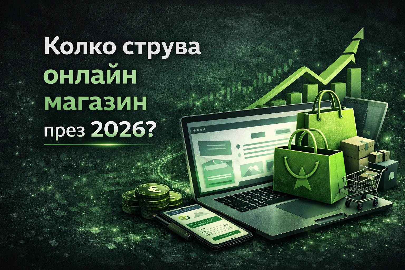 Колко струва онлайн магазин през 2026 – илюстрация на eCommerce сайт, лаптоп, чанти и растеж на продажбите
