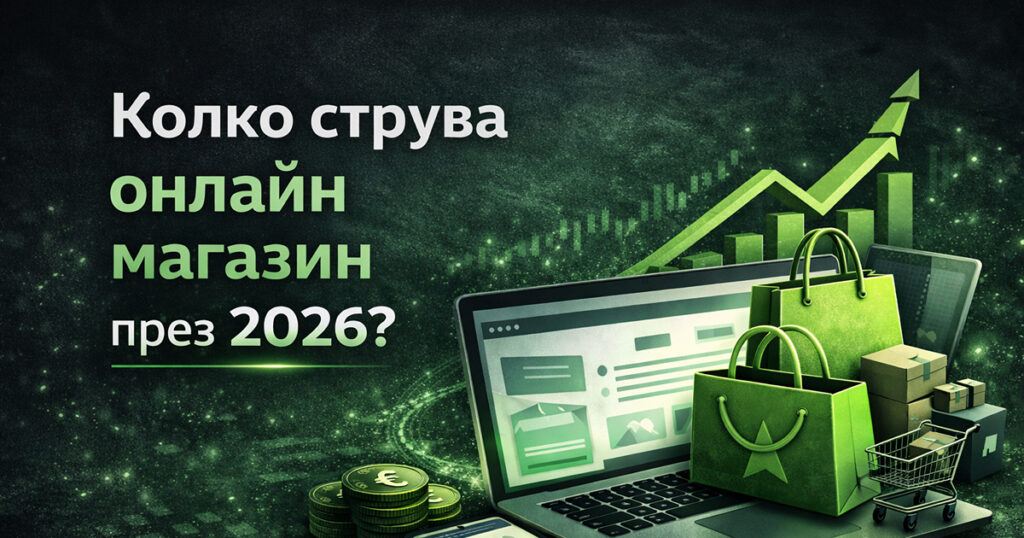 Колко струва онлайн магазин през 2026 – илюстрация на eCommerce сайт, лаптоп, чанти и растеж на продажбите