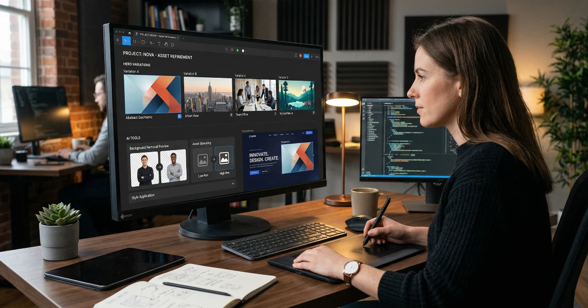 AI обработка и refinement на visual assets за уеб сайт