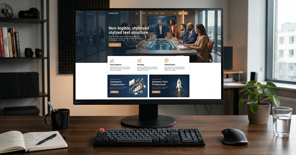 AI визуални материали за уеб сайт – работно пространство и website mockup