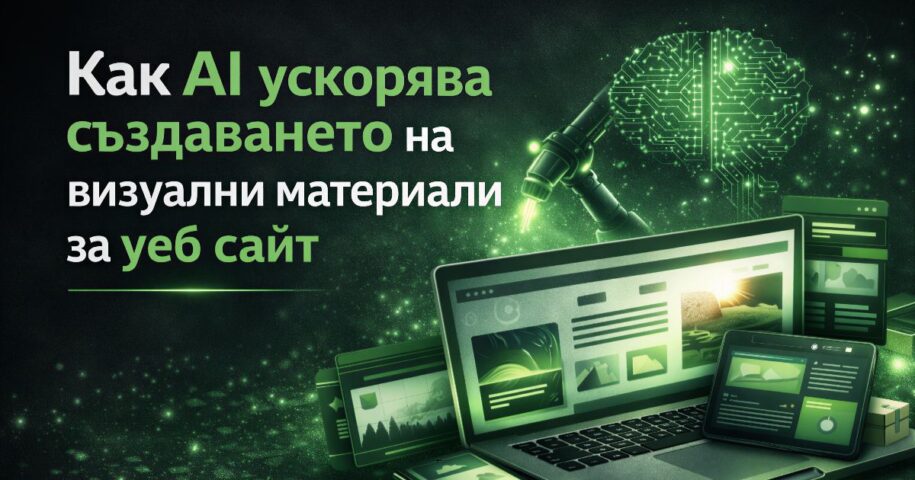 Илюстрация за AI създаване на визуални материали за уеб сайт с лаптоп, уеб дизайн интерфейс и дигитални елементи