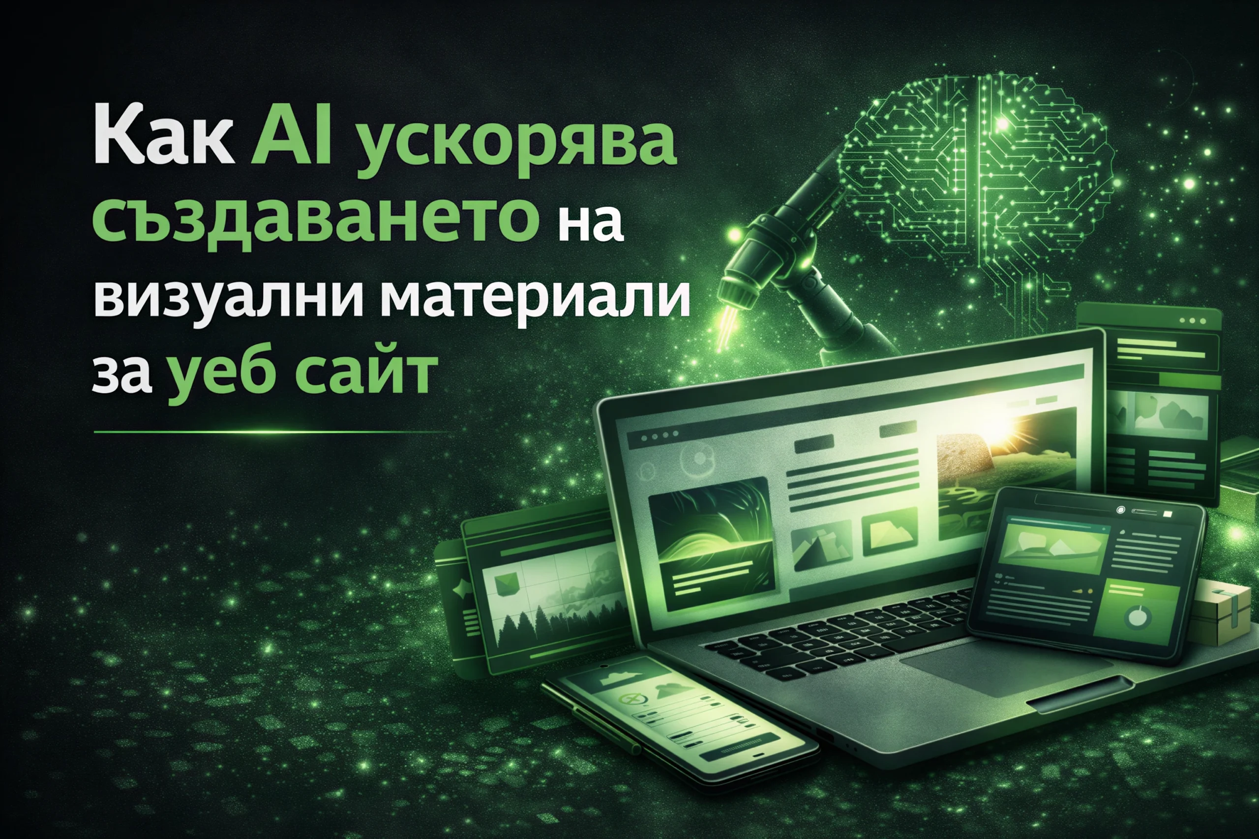 Илюстрация за AI създаване на визуални материали за уеб сайт с лаптоп, уеб дизайн интерфейс и дигитални елементи