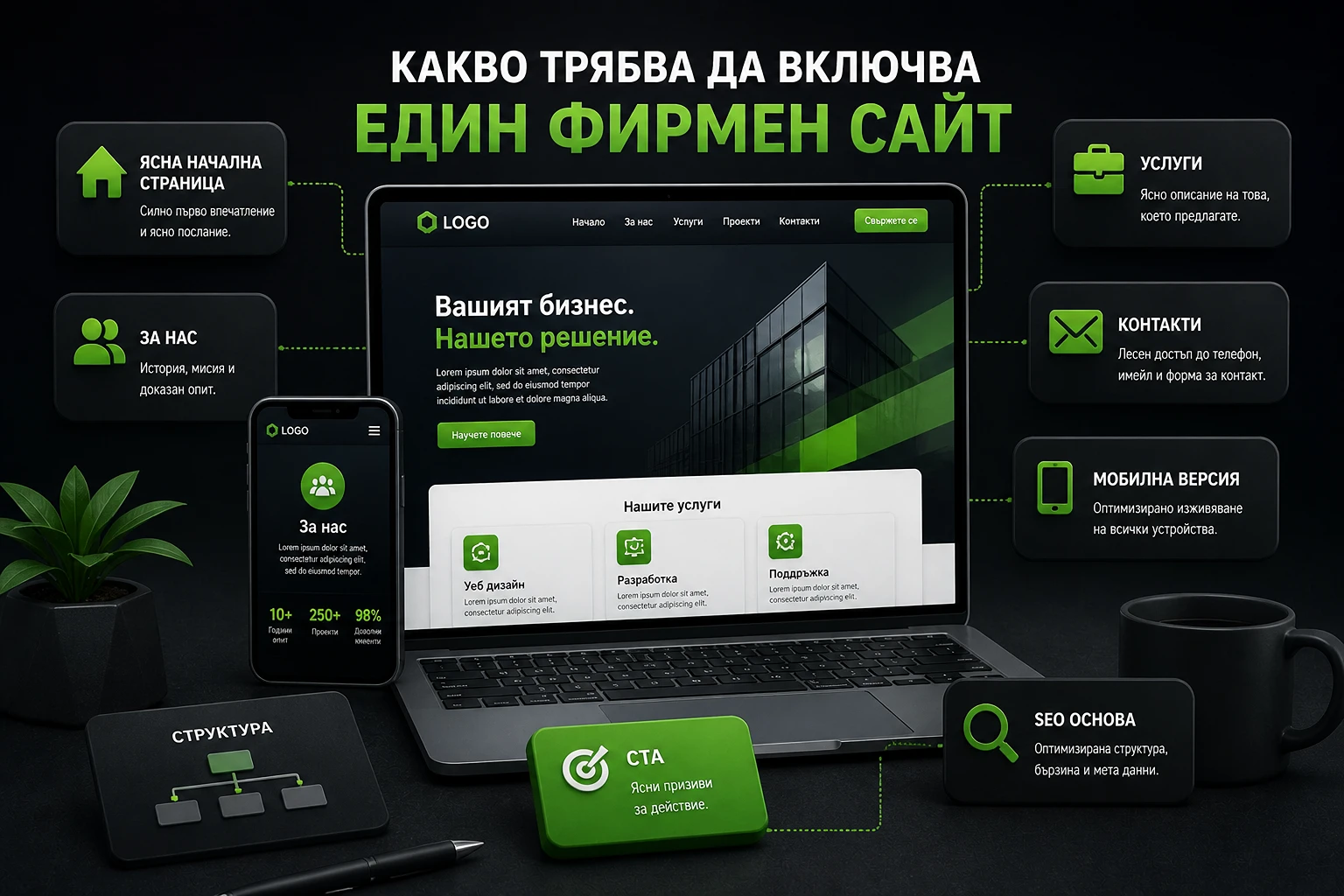 Изработка на фирмен сайт през 2026 – илюстрация с уеб дизайн, разработка, цена и процес
