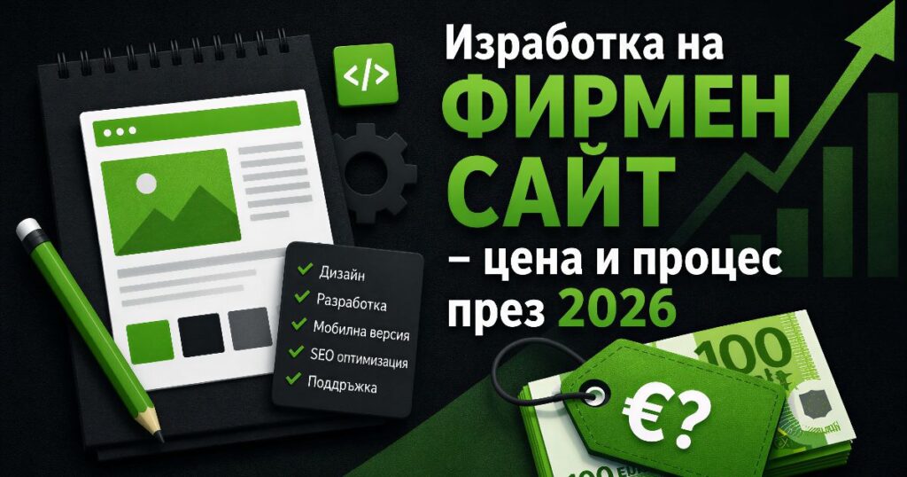 Изработка на фирмен сайт през 2026 – илюстрация с уеб дизайн, разработка, цена и процес