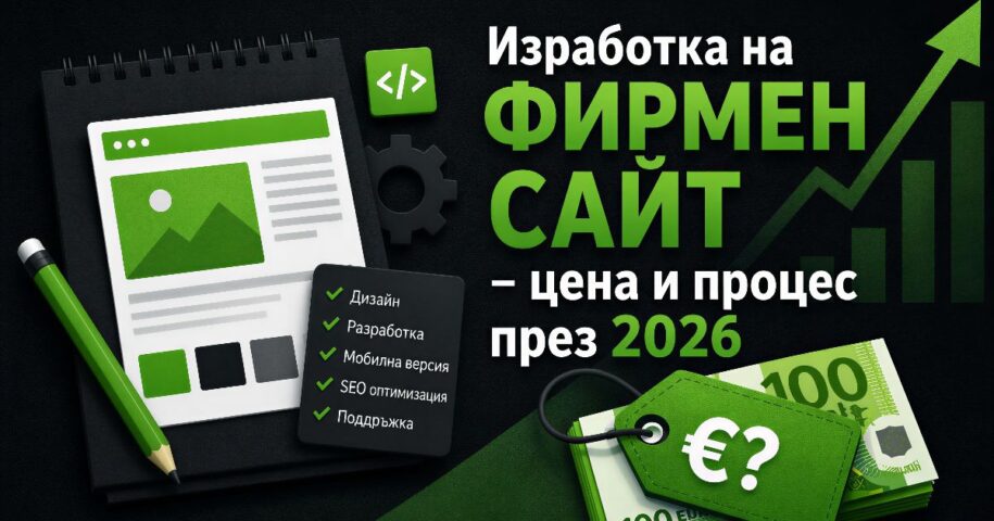 Изработка на фирмен сайт през 2026 – илюстрация с уеб дизайн, разработка, цена и процес