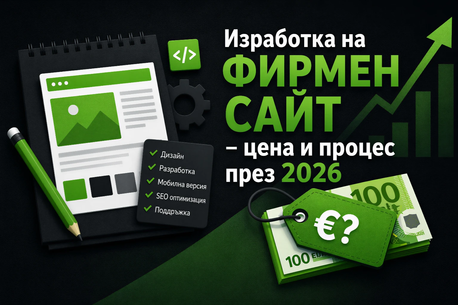 Изработка на фирмен сайт през 2026 – илюстрация с уеб дизайн, разработка, цена и процес